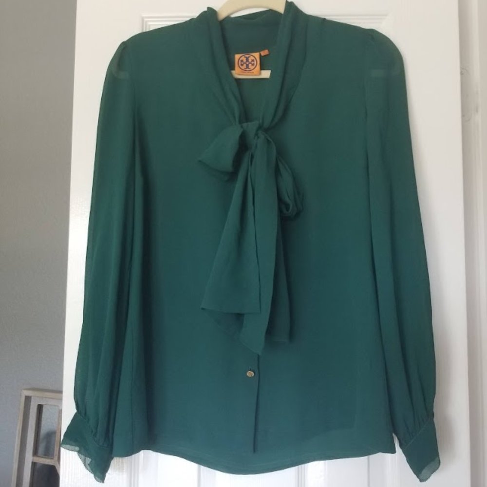 TORY BURCH GREEN BOW TIE BLOUSE